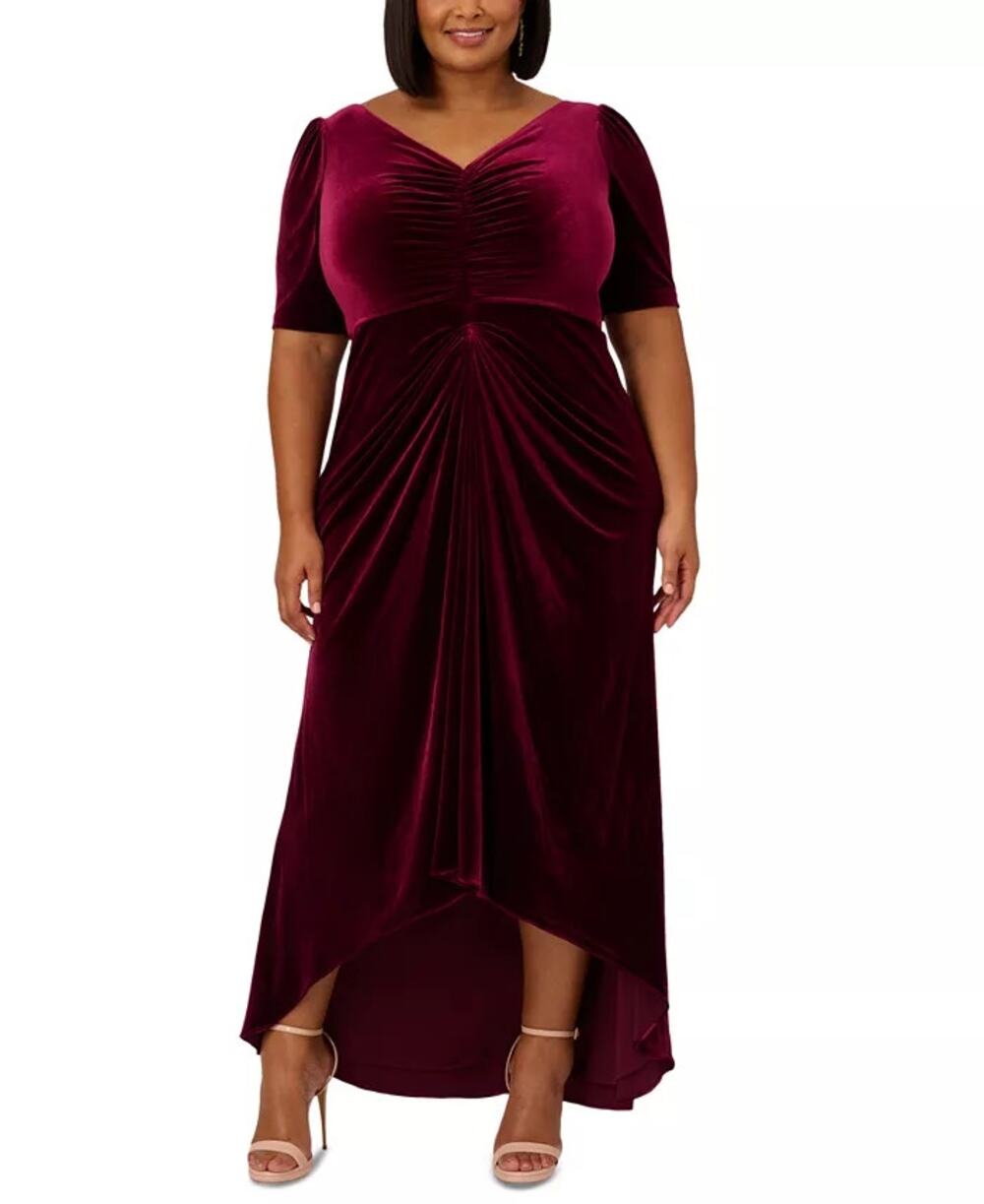Adrianna Papell Plus Size Velvet V Neck Draped High Low Gown Burgundy NWT 14W